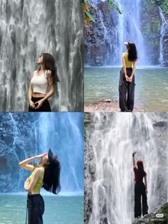 four pictures of women standing in front of a waterfall