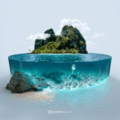 an underwater view of the ocean with rocks and grass in the water, as if it were floating on land