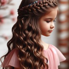 Waterfall braid hairstyle for Girl kids with Curly hair-Best hairstyle for round face Flower Girl Hairstyles Curly Hair, Kindergarten Graduation Hairstyles, Arwen Hair, Krishna Names, Waterfall Braid Hairstyle, Waterfall Hairstyle, Short Hair Bride, Barbie Hairstyle