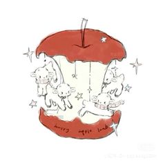 a drawing of an apple with sheep on it's side and stars in the background