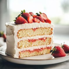 a slice of cake with white frosting and strawberries on top