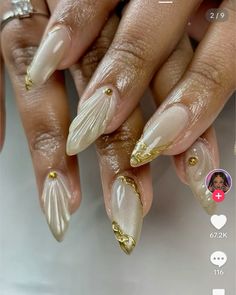 Ivory Nails, Gold Shimmer, Nail Inspo, Gold