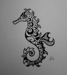 a black and white drawing of a sea horse with intricate designs on it's body