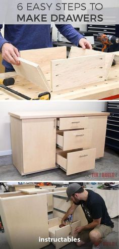 the steps to make drawers are shown in three different pictures, including one being made with wood