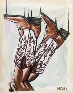 a painting of cowboy boots hanging on a rope