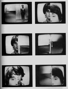 black and white photograph of people on televisions with faces in the same position,