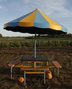 a picnic table with an umbrella over it in the middle of a cornfield area