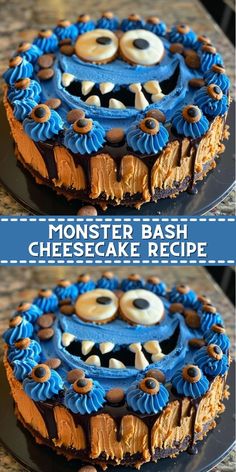 two cakes decorated to look like monsters with blue frosting and brown icing on top