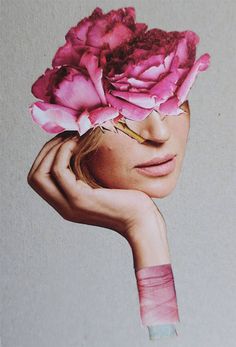 a drawing of a woman's face with pink flowers on her head and hands