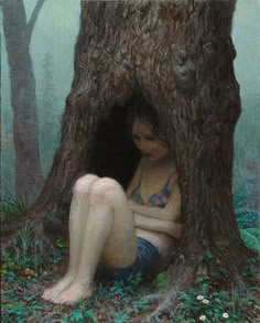 a painting of a woman sitting in front of a large tree with her legs crossed