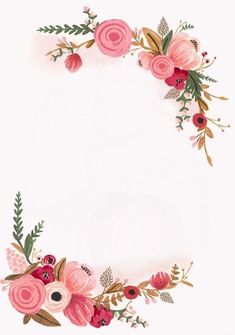 a floral frame with pink flowers and green leaves on the bottom, in front of a white background