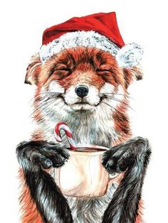 a drawing of a red fox wearing a santa hat and holding a coffee cup with a candy cane in its paws