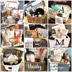 many different baskets filled with items on top of a table