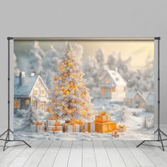 a white christmas tree with presents in front of it on a snowy landscape wall mural