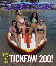 the cover of speedboat magazine features four beautiful women in bikinis on a boat