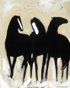 three black horses standing next to each other on a white and beige background, with one horse facing the opposite direction