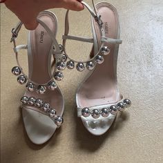 Stunning Silver Ball Hardware Worn 5x Size 8 Schultz Shoes Heels, White Silver, Gladiator Sandals, Women's Shoes Sandals, Shoes Sandals, Zara, Women Shoes, Sandals, Nike