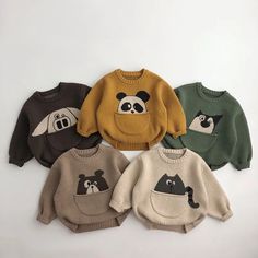 Cartoon Animal Knitted Sweater Cute Long Sleeve Knitted Top, Cute Warm Cotton Sweater, Playful Knit Long Sleeve Outerwear, Cute Warm Knit Sweater, Playful Crew Neck Knitted Sweater, Playful Black Winter Sweater, Kawaii Knit Sweater For Fall, Kawaii Knitted Long Sleeve Sweater, Kawaii Long Sleeve Knitted Sweater