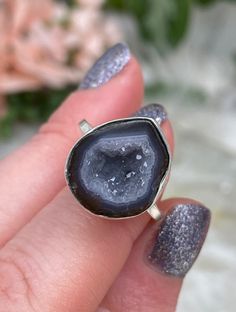 Cute and fun agate rings featuring a small druzy geode with sterling silver bands. These crystal rings have slightly different colors, shapes, and even band styles, but similar overall appearance. You will get to choose your exact geode ring! Sometimes the 'back row' is the one to the left, but it will always be the finger with 3 rings. You will receive the exact agate ring you choose in the dropdown! More ring options available on the website! Agate Rings, Geode Ring, Silver Bands, Back Row, Crystals Healing Properties, Grey Agate, Mala Bracelet, Agate Geode, Crystal Meanings