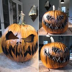 a pumpkin decorated to look like a jack - o'- lantern