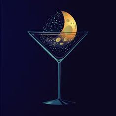 an illustration of a martini with a half moon on the top and stars in the bottom