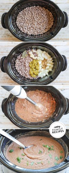 three pictures showing different types of food in crockpots