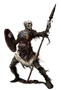 a man dressed as a skeleton holding a spear and shield in one hand while standing on the other