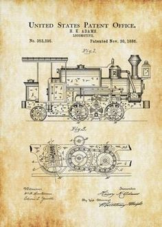 an old fashioned train blueprinted on paper with the words united states patent office