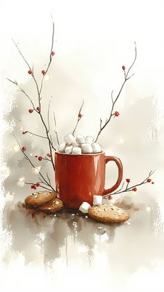 Cheerful holiday mug filled with hot cocoa and topped with marshmallows, surrounded by festive cookies and twinkling lights, creating a cozy Christmas atmosphere. #wallpaper #christmas #background Cozy Wall Art, The Glory Of God, Religious Wall Art