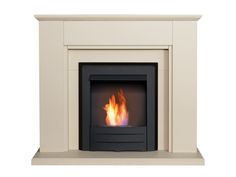 a white fireplace with a fire burning in it's side and flames on the sides