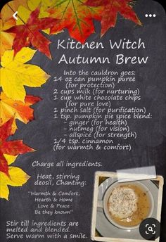 a recipe for autumn beer on a chalkboard with leaves around it and the instructions below