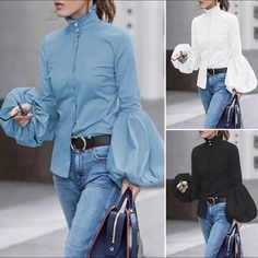 Puffed Bell Sleeve Blouse Your Choice: Blue, White Or Black Preorders High Neck Shirts, Lantern Sleeved Blouses, Blue Clothing, Women's Outfits By Occasions, Spring Outfits 2022 Trends, Spring Outfits 2022, Elegant Blouses, Top Plus Size, Elegant Dresses Long