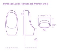 the dimensions guide for standard washout urinals is shown in purple and white