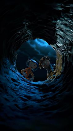 two people are standing in the middle of a dark tunnel, looking at each other