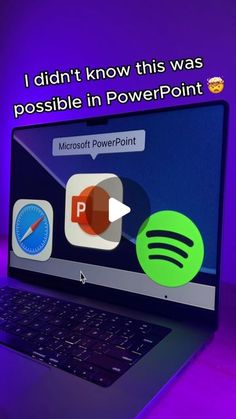 an open laptop computer sitting on top of a purple surface with icons and text that reads, i didn't know this was possible in powerpoint