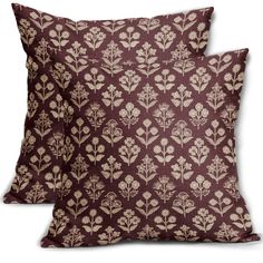 two brown and white pillows with floral designs on the front, one is made out of linen