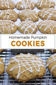 homemade pumpkin cookies with white icing on a cooling rack