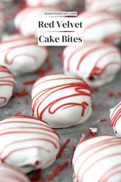 red velvet cake bites with white chocolate drizzled on the top and bottom