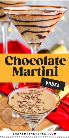 chocolate martini in a martini glass with the words chocolate martini vodka on it and an image of