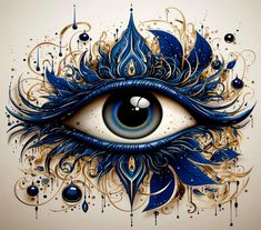 an eye with blue and gold designs on it's irises, surrounded by swirls