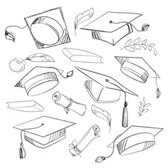 a drawing of graduation caps and diplomas