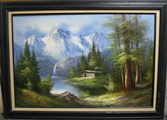 an oil painting of a mountain scene with a cabin in the foreground and a river running through it