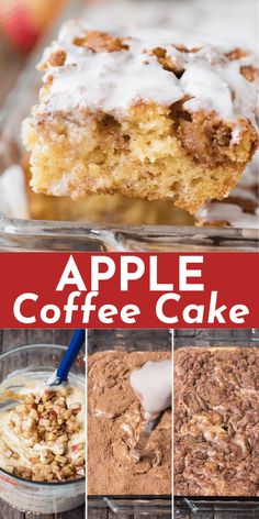 an apple coffee cake with white icing on top and four different pictures showing it