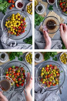 the process of making a salad with olives, tomatoes and other vegetables is shown