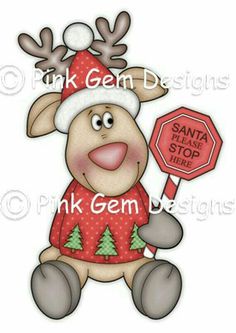 a reindeer holding a stop sign and wearing a santa hat