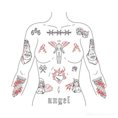 a drawing of a man's chest with tattoos on it and the words i love you