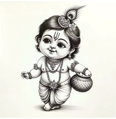 a black and white drawing of a baby god