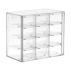 a clear plastic drawer with six drawers on each side and four sections in the middle