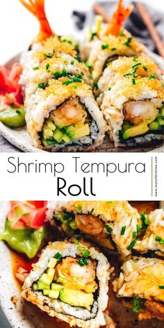 shrimp and avocado roll on a plate with text overlay that reads shrimp tempura roll