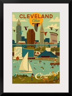 the cleveland poster is displayed in a black frame and features people, boats, and buildings